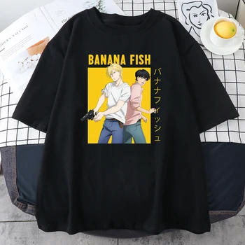 Banán Hal Anime Nyomtatás Póló Nyári Rövid Ujjú, Laza Alkalmi Streetwear Póló Női Harajuku Képregény O Nyakú Fekete Tshirt