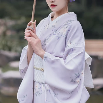 Tranditional Japán Női Kimonó Vintage Stílusú Lila Színű Virágos Nyomatok Nyári Yukata Cosplay Viselni felvétel Ruha