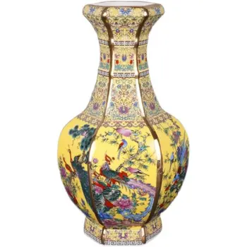 A Kínai sárga Zománc, Porcelán Madár, Virág Hatszög Váza, 10 hüvelykes lakberendezési Dísztárgyak