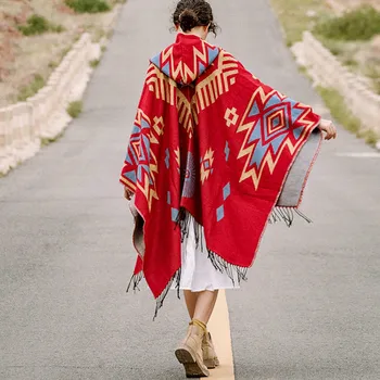 A Nők Őszi Téli Hippi Vintage Virágos Cigányasszony Tassel Köpeny Kardigán Kapucnis Felső Hosszú Ujjú Etnikai Vörös Poncsó Köpeny