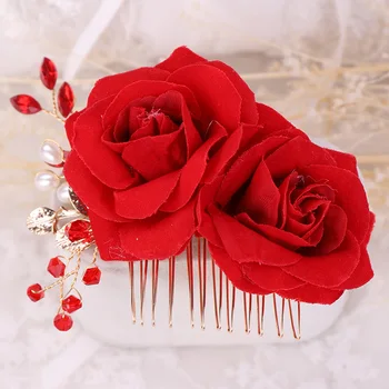 Olcsó Piros Virágok Arany Női Haj Ékszer Kézzel Készített Piros Strasszos Gyöngy Tiara Haj Fésű Esküvői Menyasszonyi Haj Kiegészítők