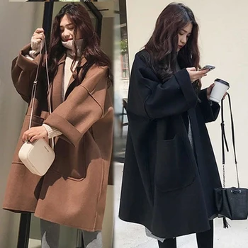 Őszi Téli Női Hosszú Stílusú Barna Fekete Kabát Divat Női Gyapjú, Vékony Outwear Alkalmi Szilárd Laza Túlméretes Kabátok Plus Size