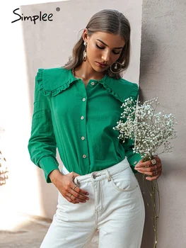 Simplee Zöld pamut puff ujjú retro póló nők Vintage pán péter-gallér lady divat blúz Ünnepi női rövid ingek 2021