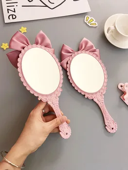 HE14 Aranyos bowknot kreatív kezelni smink tükör, kézi, kozmetika, smink hercegnő tükör hordozható tükör Rózsaszín