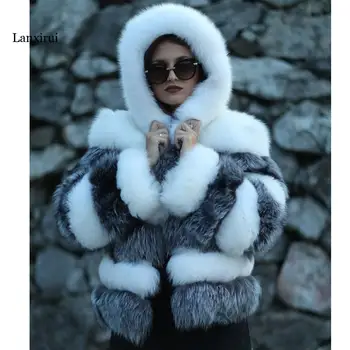 A nők Rövid Környezetbarát Róka Szőrme Kabát kapucnival Luxus Nő Téli Divat Kiváló Minőségű Egész Bőre, Róka Bunda Kabát