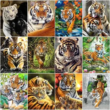 CHENISTORY Diy Festés Számok Erdő Tigris Rajz, Vászon Handpainted Art Ajándék Képek Száma Állat Készletek lakberendezés