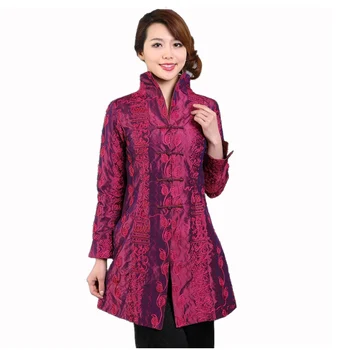 Lila Kínai Stílusú Női Selyem Szatén Zakó, Hímzett Kabát Őszi Téli Dzsekimet, Tang Ruha Felső Plus Size 4XL 5XL T045