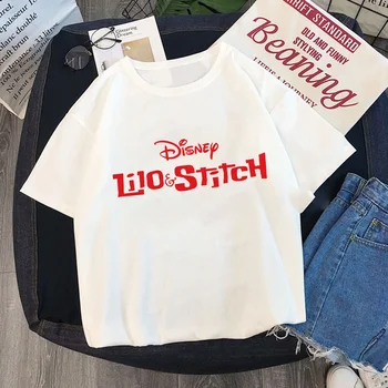 Disney Póló Lilo Szem Levél Nyomtatott Divat a Nők Tshirts Nyári Rövid Ujjú Alkalmi Fehér O-neck póló Női Felsők