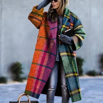 2021 őszi női új, hosszú ujjú kabát hajtókáját nyomtatott gyapjú kabát