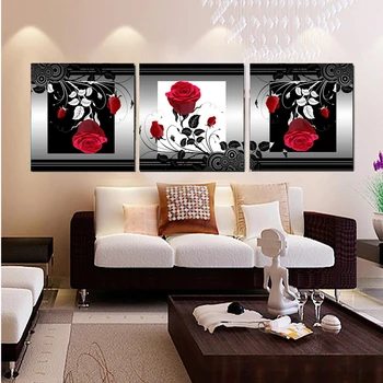 3 Panelek Modern Nyomtatott Vörös Rózsa Vászon Festmény Kép Dekoráció, Fali Vászon Art Képek Táj, Nappali, Lakberendezés