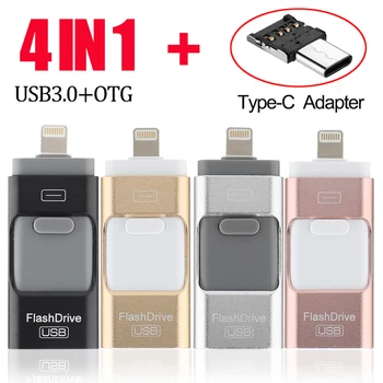 USB Flash Meghajtó-4 az 1-ben Típus-c/IOS/Micro USB/USB 3.0 iPhone Fém 64 GB 32 GB, 128 GB, 256 gb-os Pen Drive