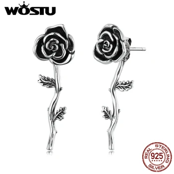 WOSTU 925 Sterling Ezüst Egyszerű Vintage Black Rose Levél Fülbevaló Női Divat Parti Ékszer Ajándék CQE1361