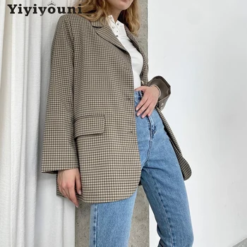 Yiyiyouni Ok-Okozati Klasszikus Kockás Hivatal Blézer Női Tavaszi Hosszú Ujjú Válltömés Vintage Ruhák Női Gombot Khaki Kabát 2022