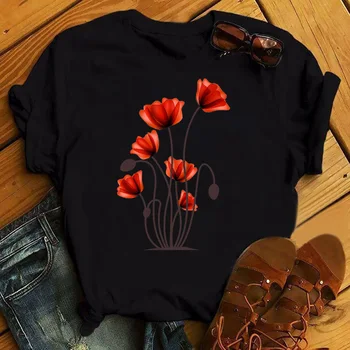 Maycaur Red Poppy Divat, Női póló 90-es évek Ulzzang Virág Virág Nyomtatás póló Esztétikai Női pólók Női Csepp Póló