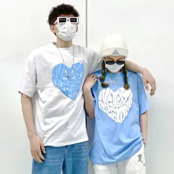 A szerelem Appliqués Vicces Harajuku Párok póló Unisex rövidujjú O Nyakú Nyári Felső 2022 Divat Fekete Fehér Kék Aranyos Ruhák