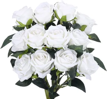 Mesterséges Rózsa Csokor 12DB Selyem Rózsa Szára Fehér Reális Virág Rózsa Menyasszonyi Esküvői Csokor