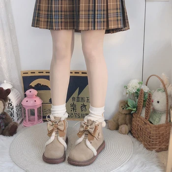 LLUUMIU Őszi-Téli Új Női Cipő, Boka Csizma Íj Alkalmi édes Lakások Japán Platformok Kawaii bozontos Lolita Cipő