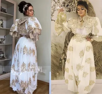 Algéria Kaftán Marocain de estély Menyasszonyi Ruhák arany csipke hosszú ujjú arab Hagyományos Koszovó vestidos Este Fél Ruhák