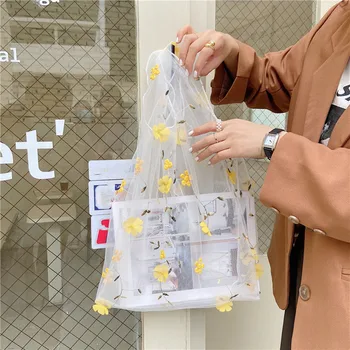 Nagy Organza Bevásárló Táska, Hálós Anyagból, Hímzett Virágok Tote Bags A Nők Napi Vásárló Környezetbarát Géz Csomag